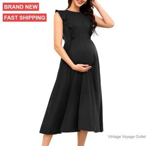 Sleeveless Maternity Nursing Dress with Hidden Zipper, Ruffled Midi